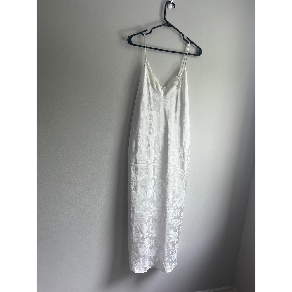 Linda Bis White Satin Floral Rose Jacquard Lace Trim Maxi Nightgown Slip Dress